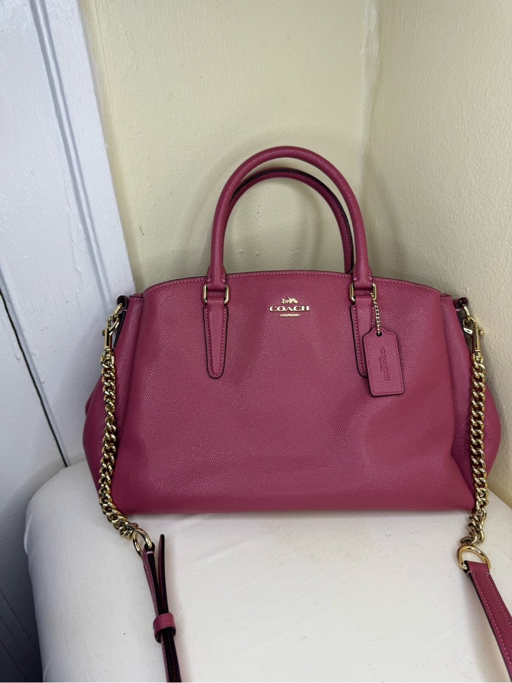 Coach Rose Pink Leather Satchel with Gold Chain Strap